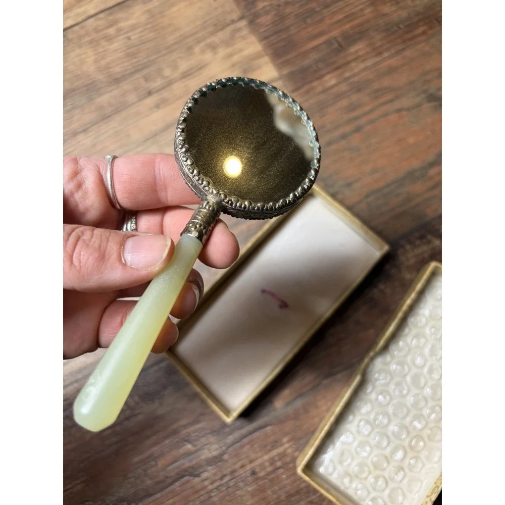 Vanity Hand Mirror 1950's Cinnebar Pagoda & Tree ~ Jade Handle - VTG Mid-century